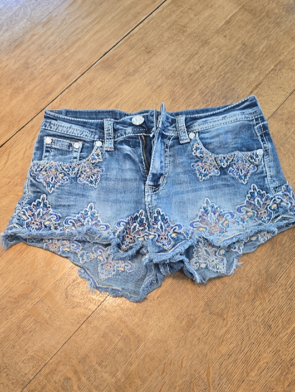 Grace in LA Blue Embroidered Denim Cutoff Shorts